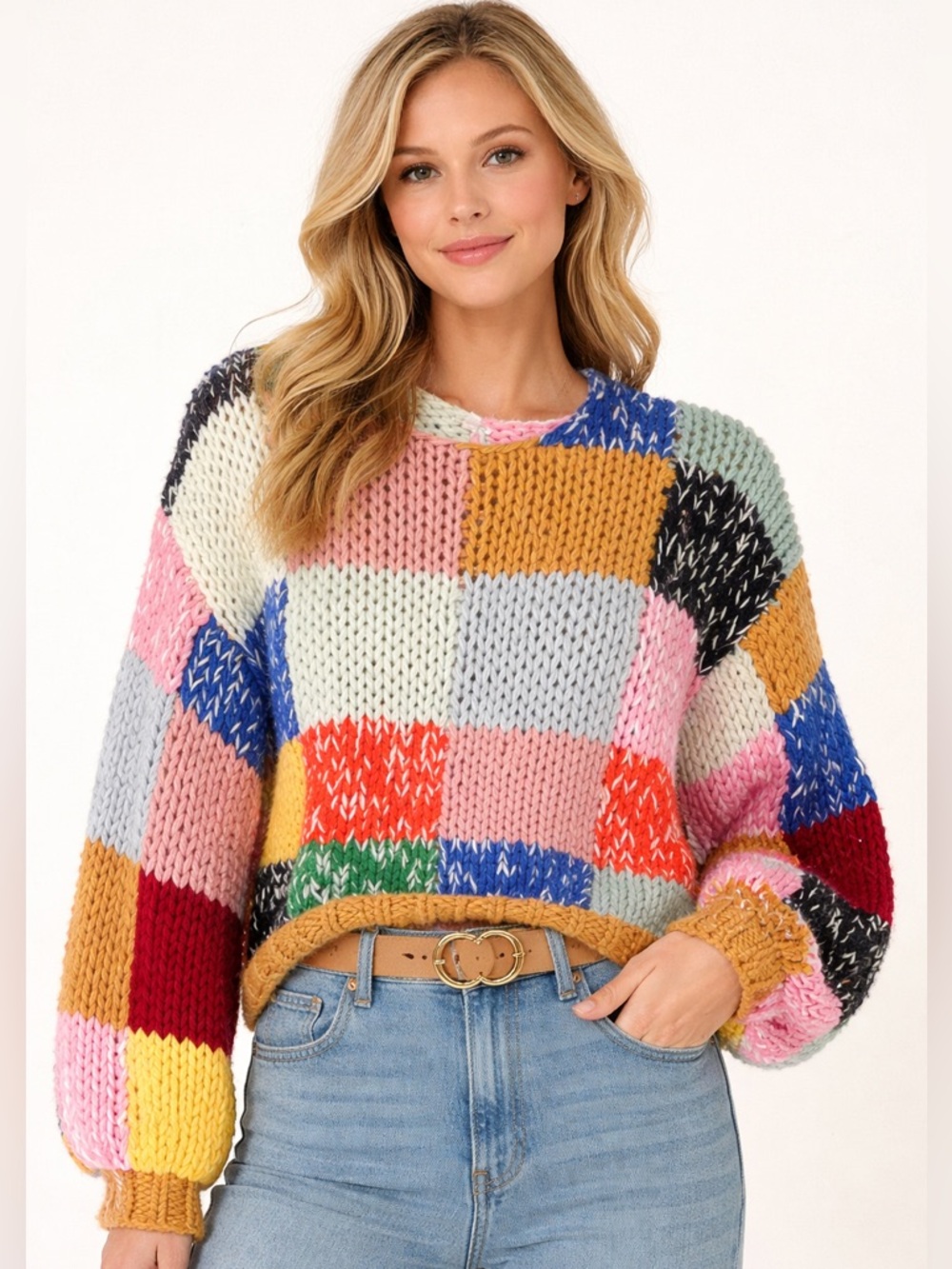 En Creme Multicolor Patchwork Chunky Knit Sweater